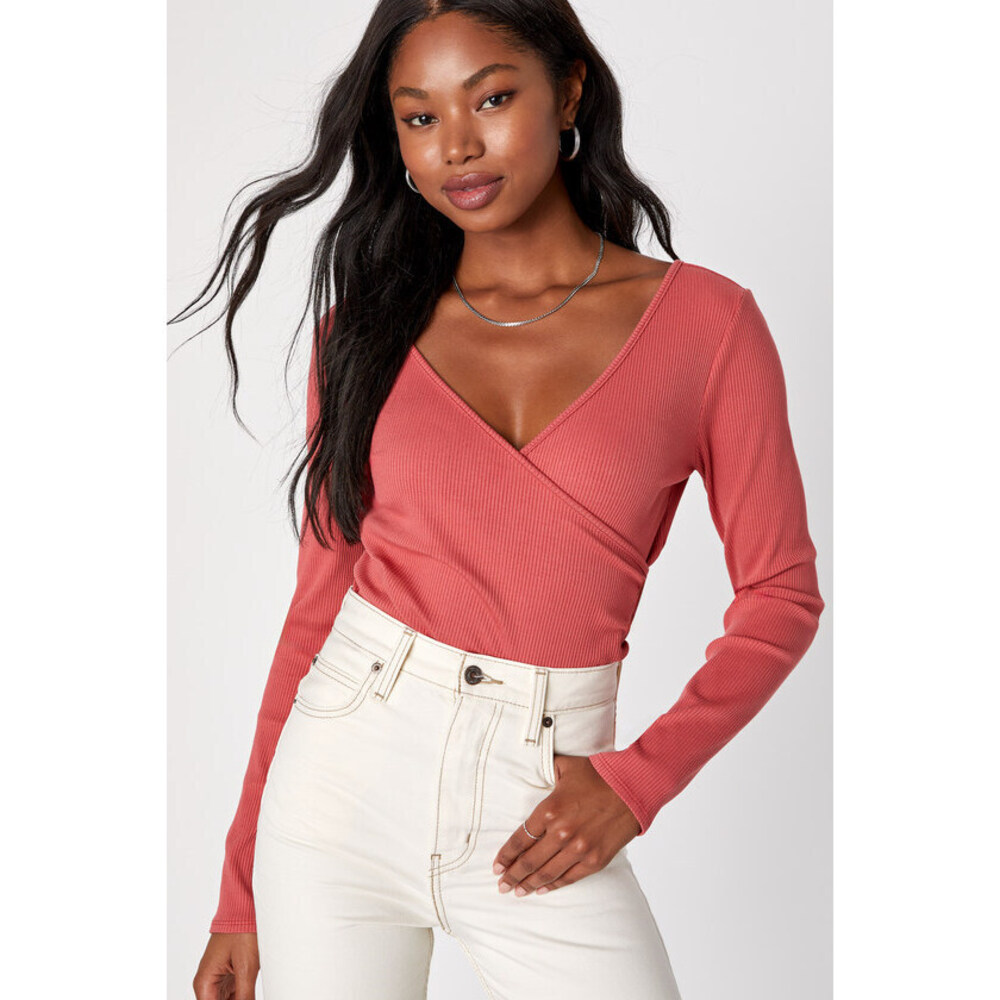 Lulus All Day Fave Rusty Rose Ribbed Surplice Long Sleeve Top Pink - Size XS
